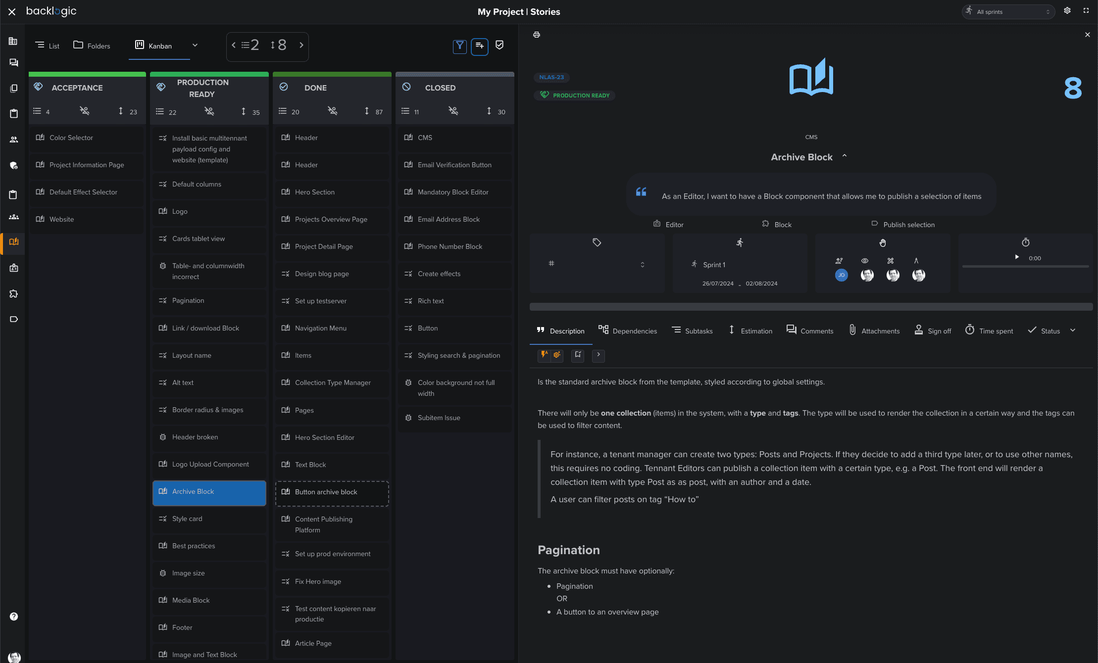 Kanban view with storydetail