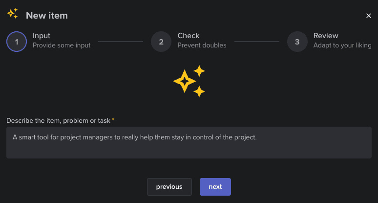 Backlogic's new item wizard