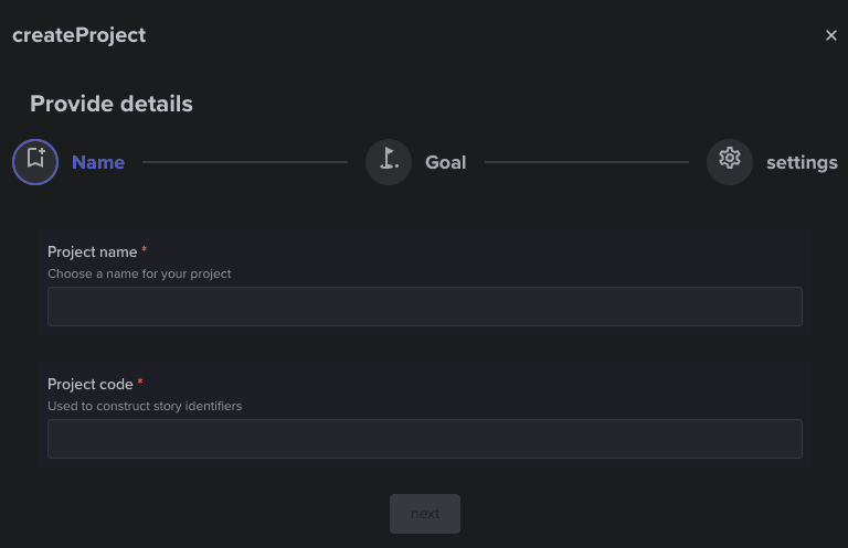 New project wizard step 1