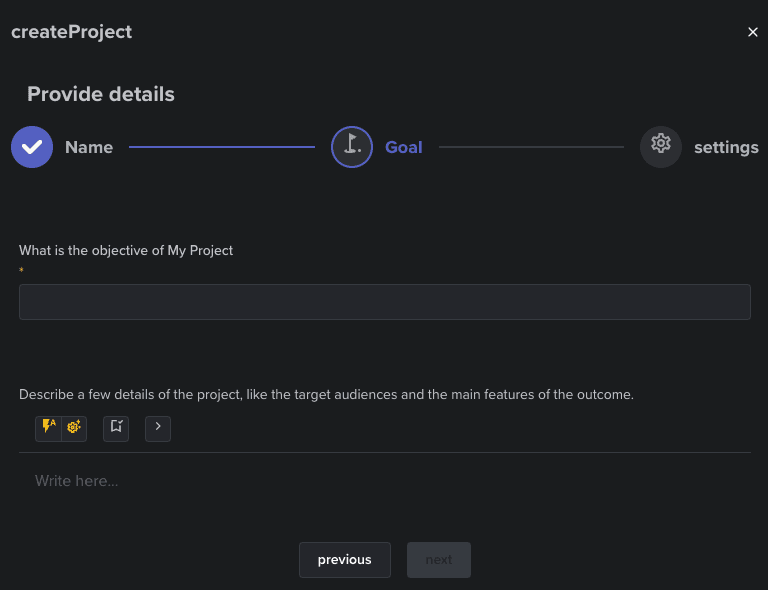 Project creation wizard, step 2