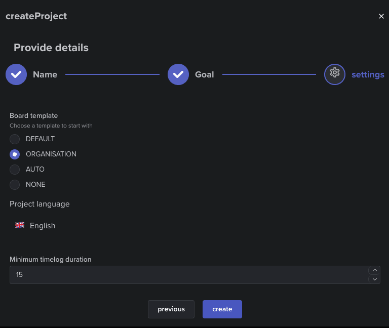 New project wizard step 3